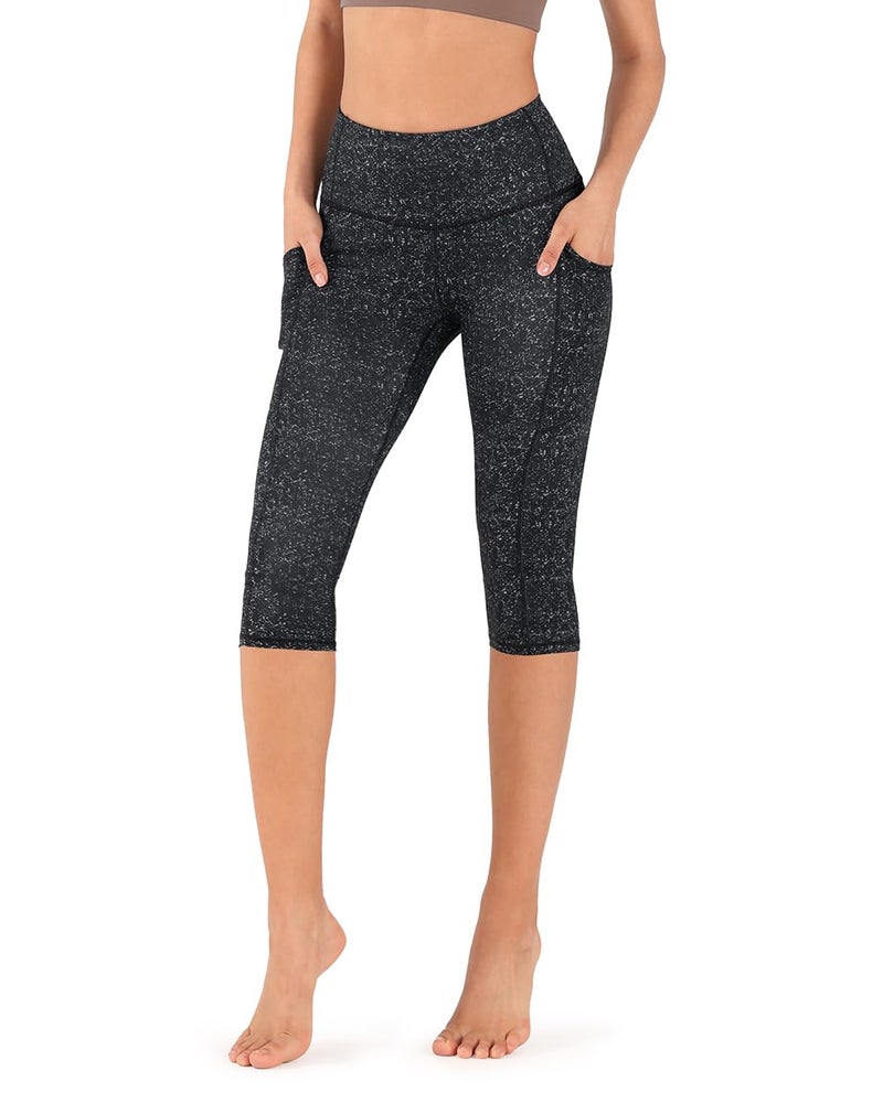 ODODOS Women's High Waisted Printed Yoga Capris with Pocket, Tummy Control Non See Through Workout Sports Running Athletic Capri Leggings, Black Dot, X-Large - Image 1